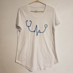NEW XL (16/18) SHORT SLEEVE WHITE TEE WITH BLUE STETHOSCOPE DECAL